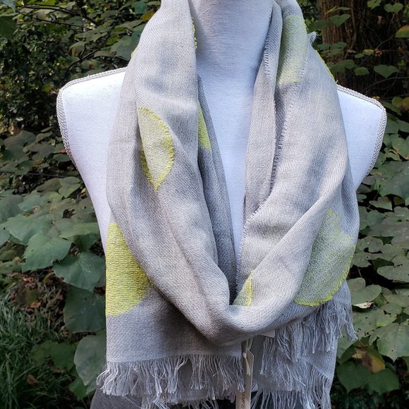 TALBOTS Wool Blend Fringed Scarf Oblong Grey Chartreuse New - Picture 6 of 11